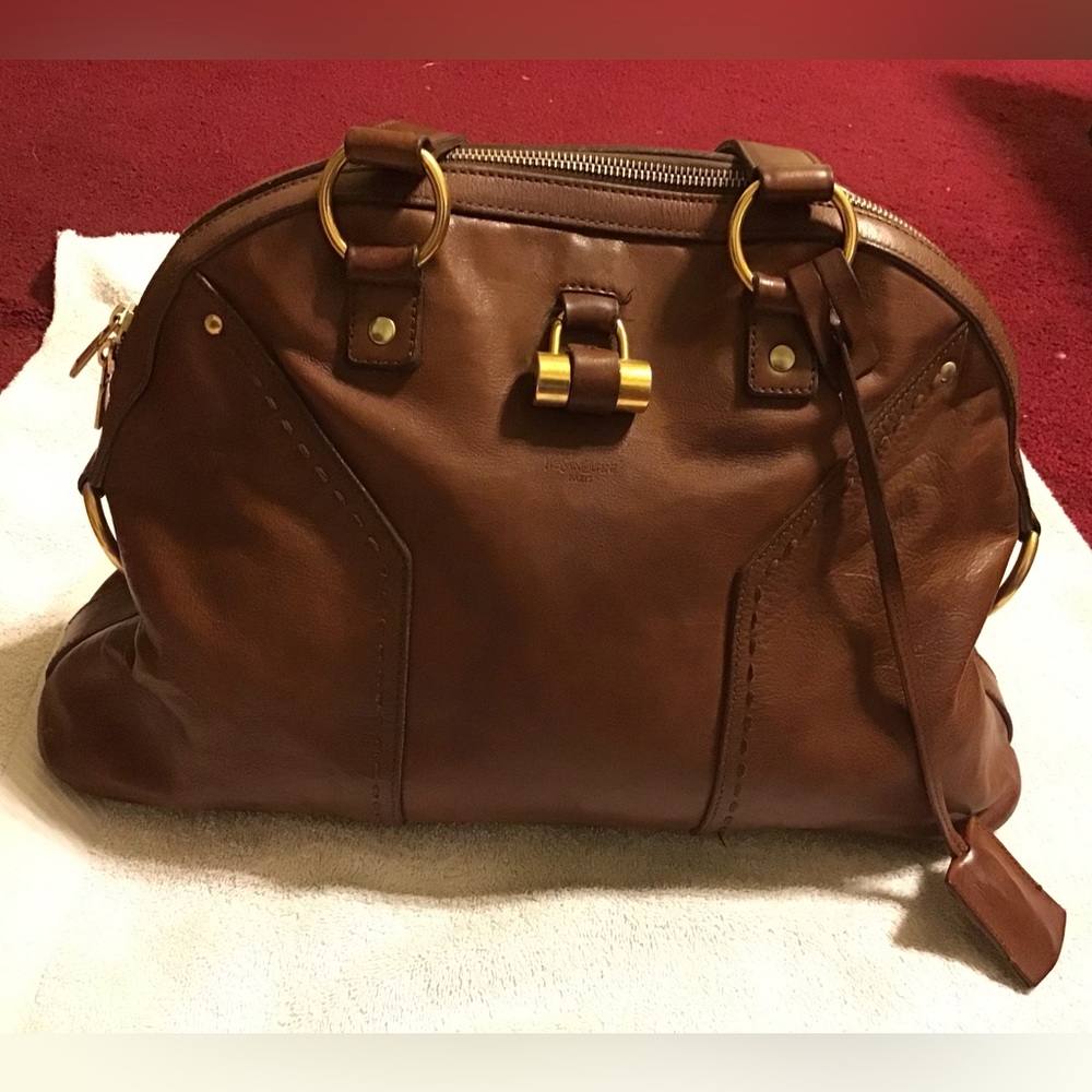 YVES SAINT LAURENT MUSE CALF LEATHER SATCHEL HANDBAG GUC BROWN VINTAGE KEY LOCK